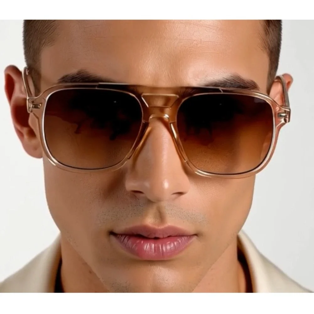 Men Sunglasses Square Frame Transparent Brown‎ Lens Light Weight Shades Lentes